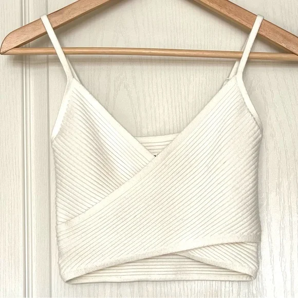 Aerie Ribbed Crossover Crop Top Y2K Neutral Elevated Basic Wrap Cottagecore Sz S - Picture 3 of 11